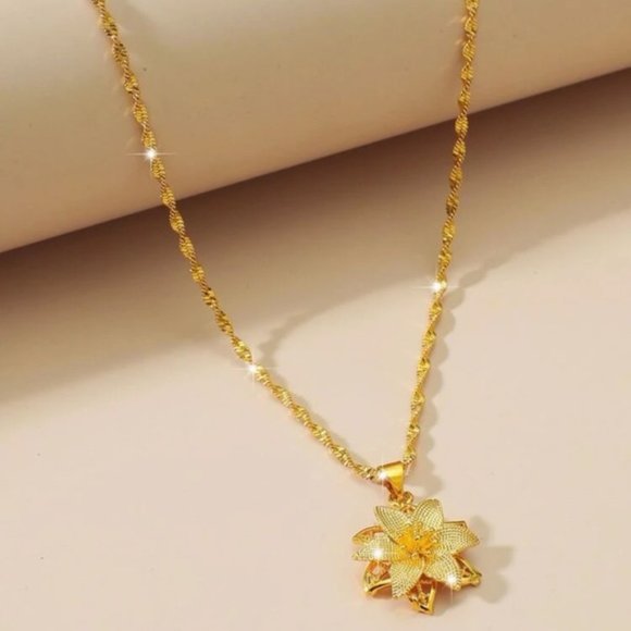 Yellow Gold Color Flower Pendant Necklace - Picture 3 of 3